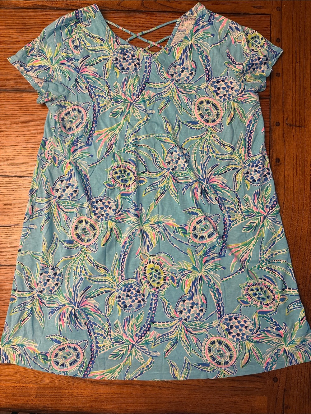 Lilly Pulitzer Girls' Teal Tropical Crisscross Neck Dress
